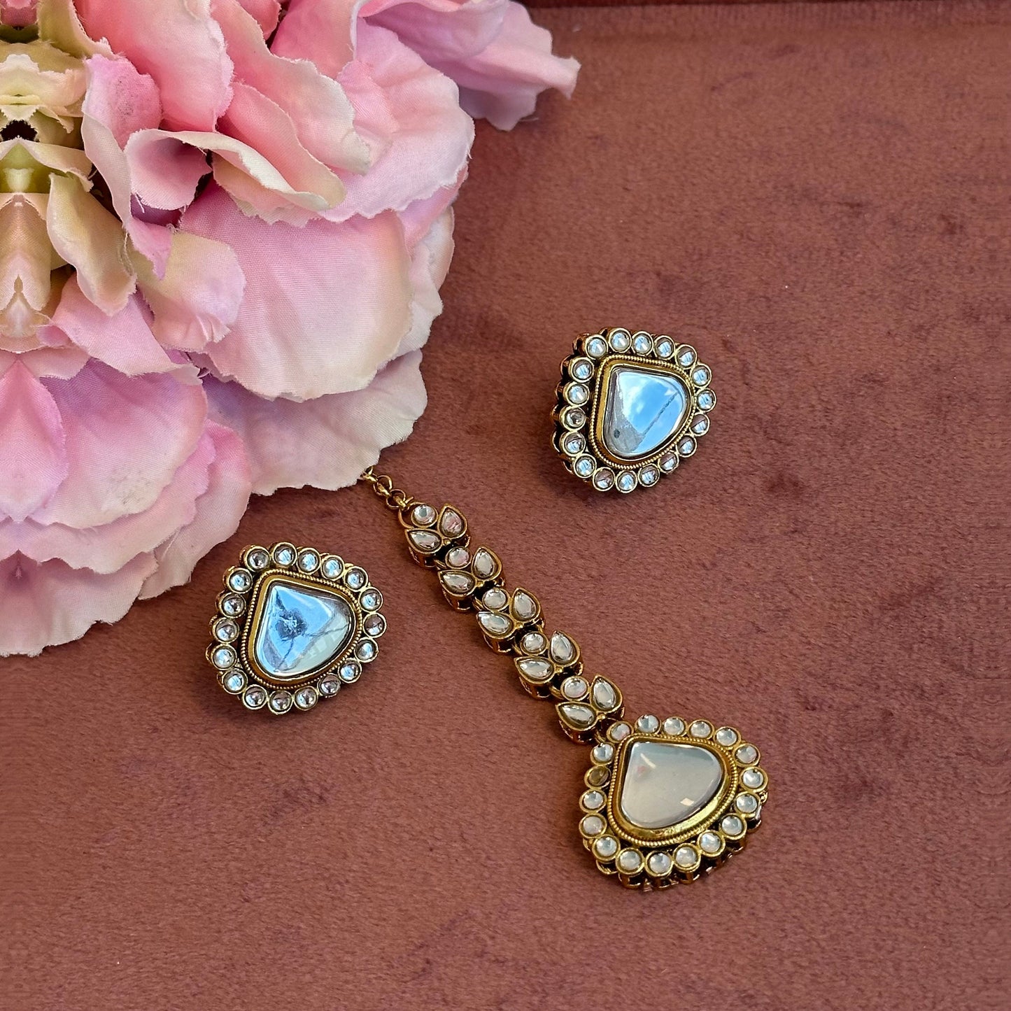 Small Faux Kundan Earrings Top & Tikka Set - Clear