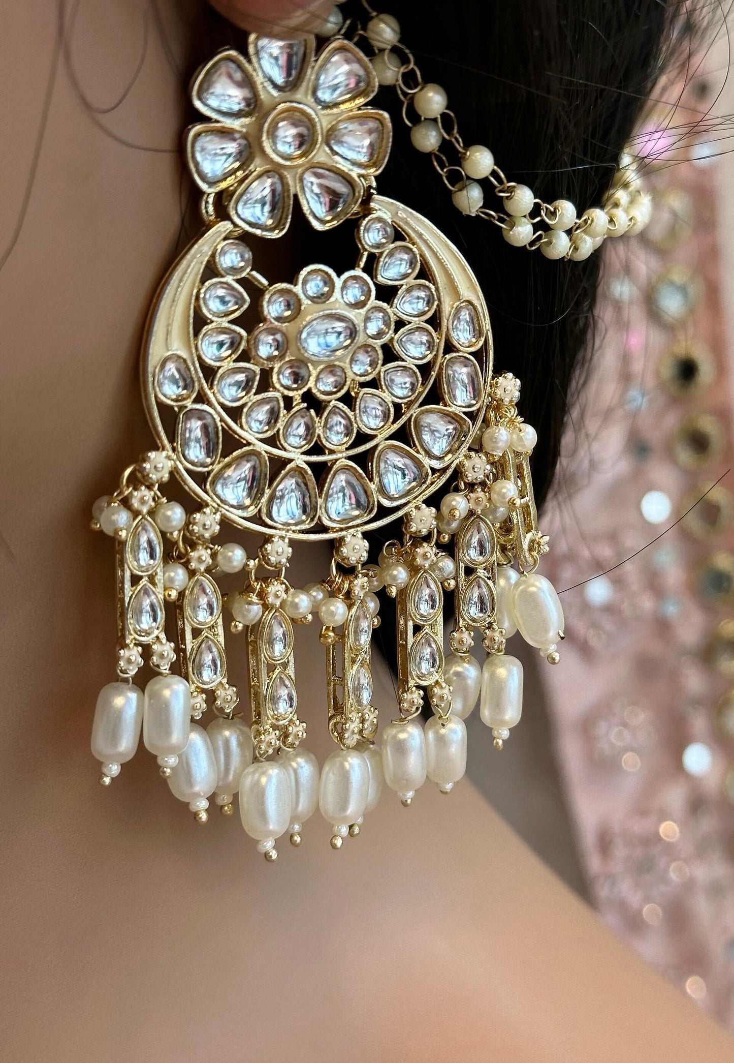 Large Faux Kundan Earrings & Tikka Set - Cream/  Flat Earring Indian/ Pakistani Style