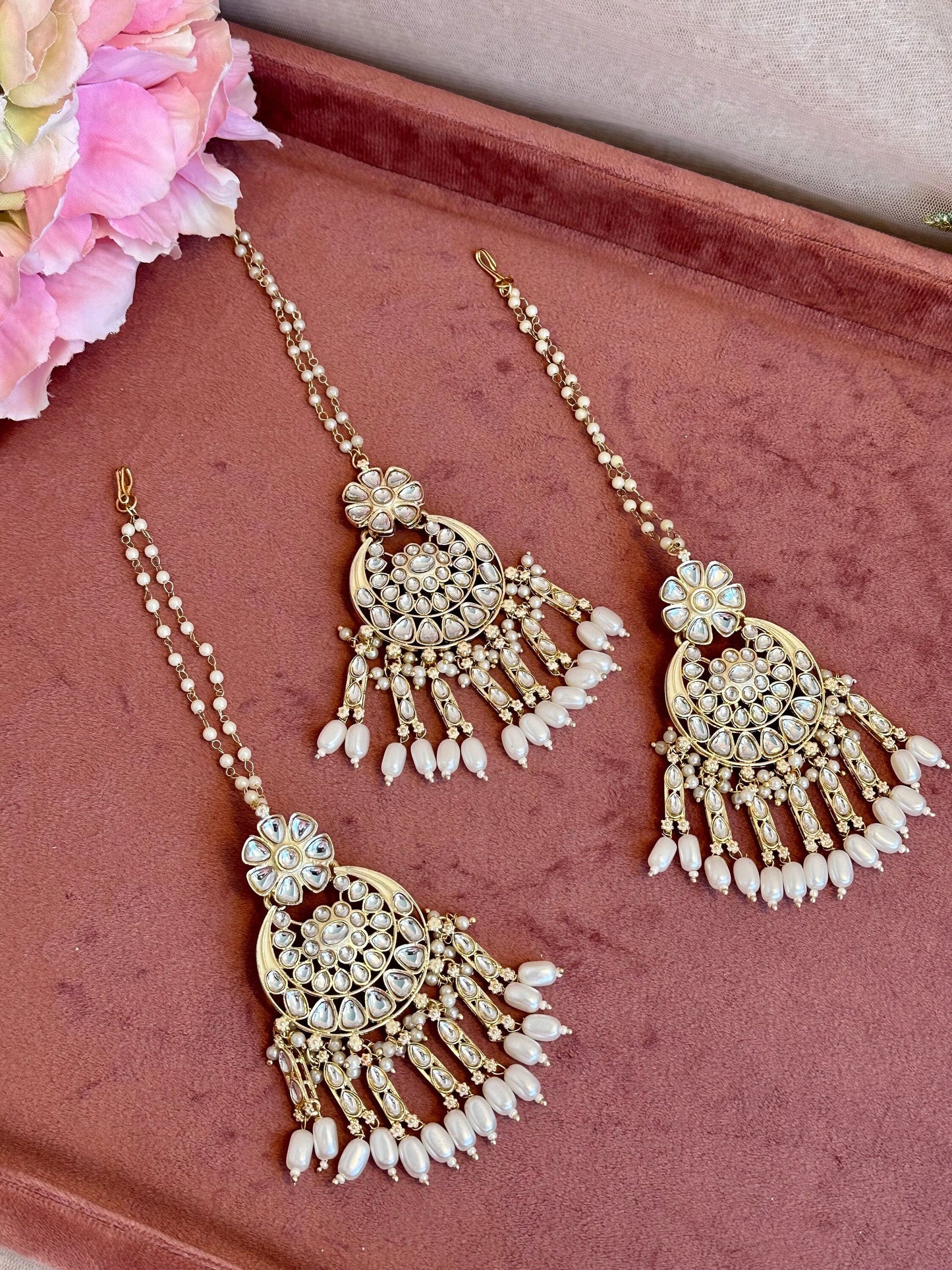 Large Faux Kundan Earrings & Tikka Set - Cream/  Flat Earring Indian/ Pakistani Style