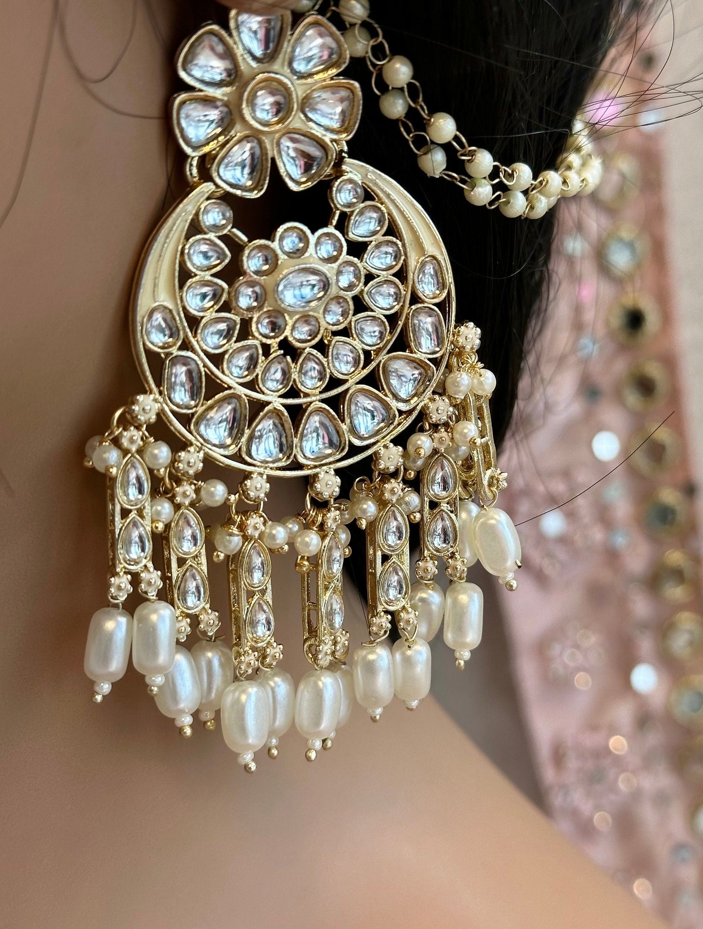 Large Faux Kundan Earrings & Tikka Set - Green/Meenakari/ Indian/ Pakistani Style/