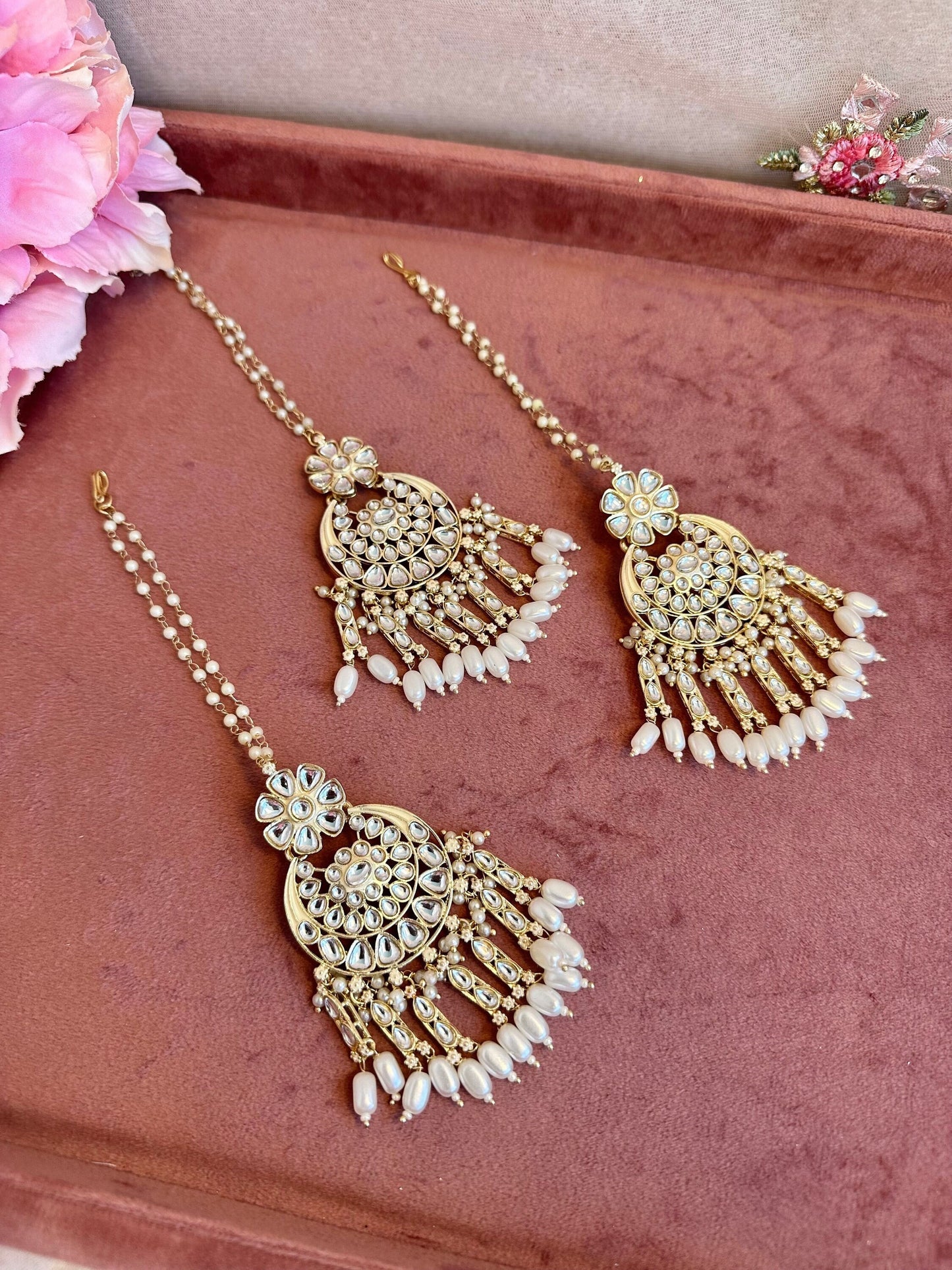 Large Faux Kundan Earrings & Tikka Set - Cream/  Flat Earring Indian/ Pakistani Style