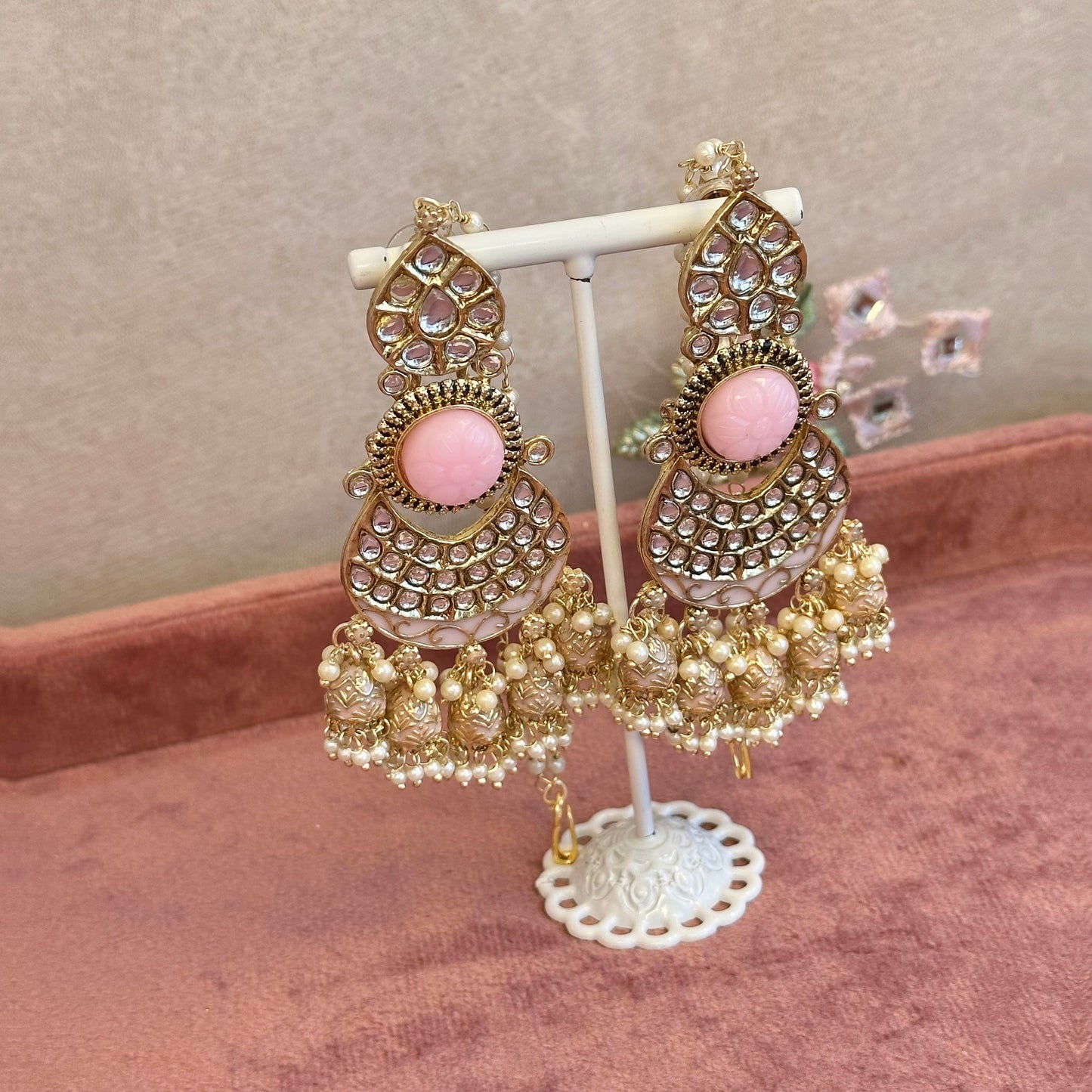 Large Faux Kundan Earrings - Pink Indian Earring/ Unique Design/Pakistani Style/Gift for women