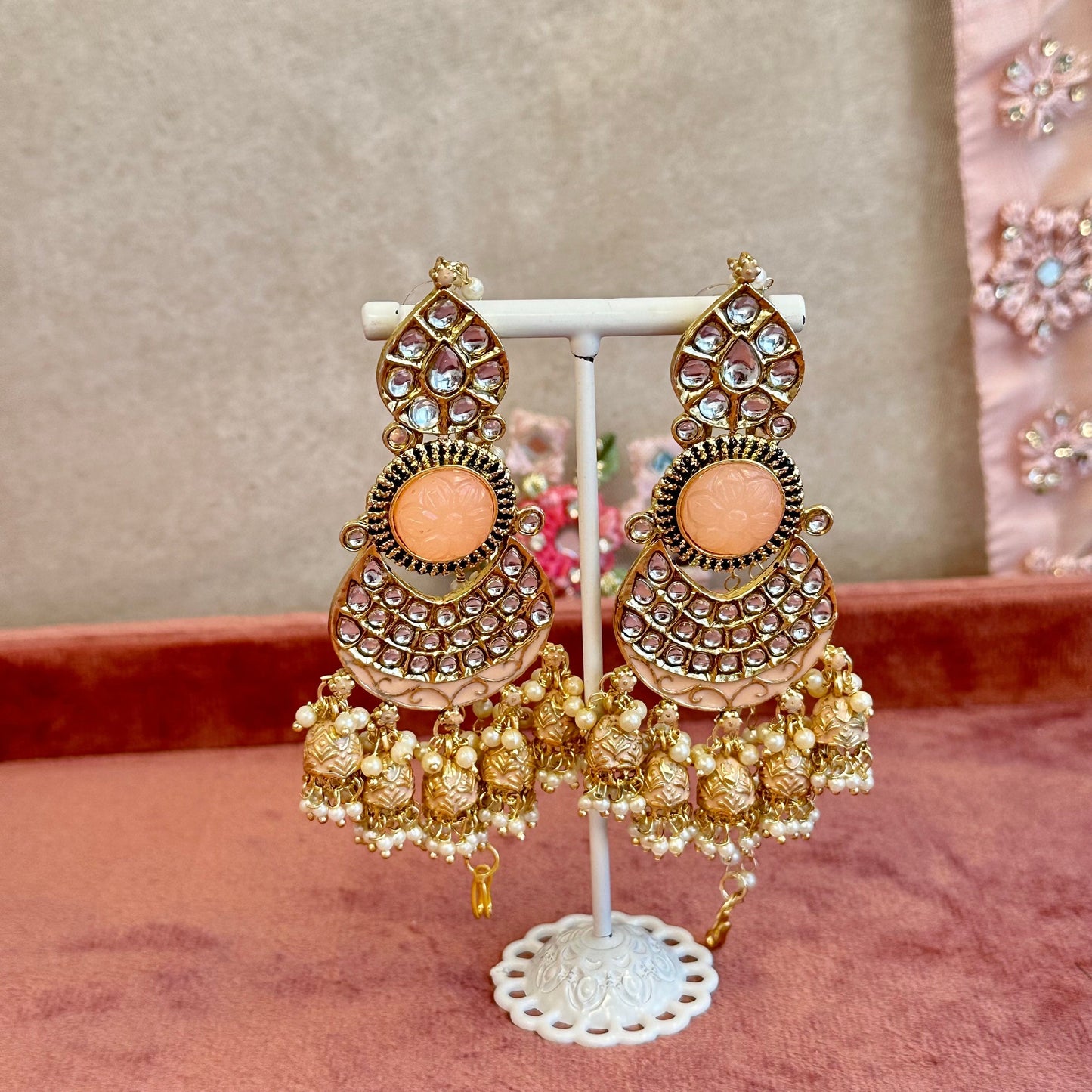 Large Faux Kundan Jhumka Earrings - Peach/ Indian Style Earring