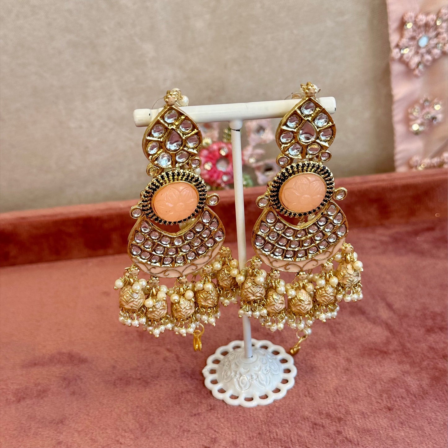 Large Faux Kundan Jhumka Earrings - Peach/ Indian Style Earring