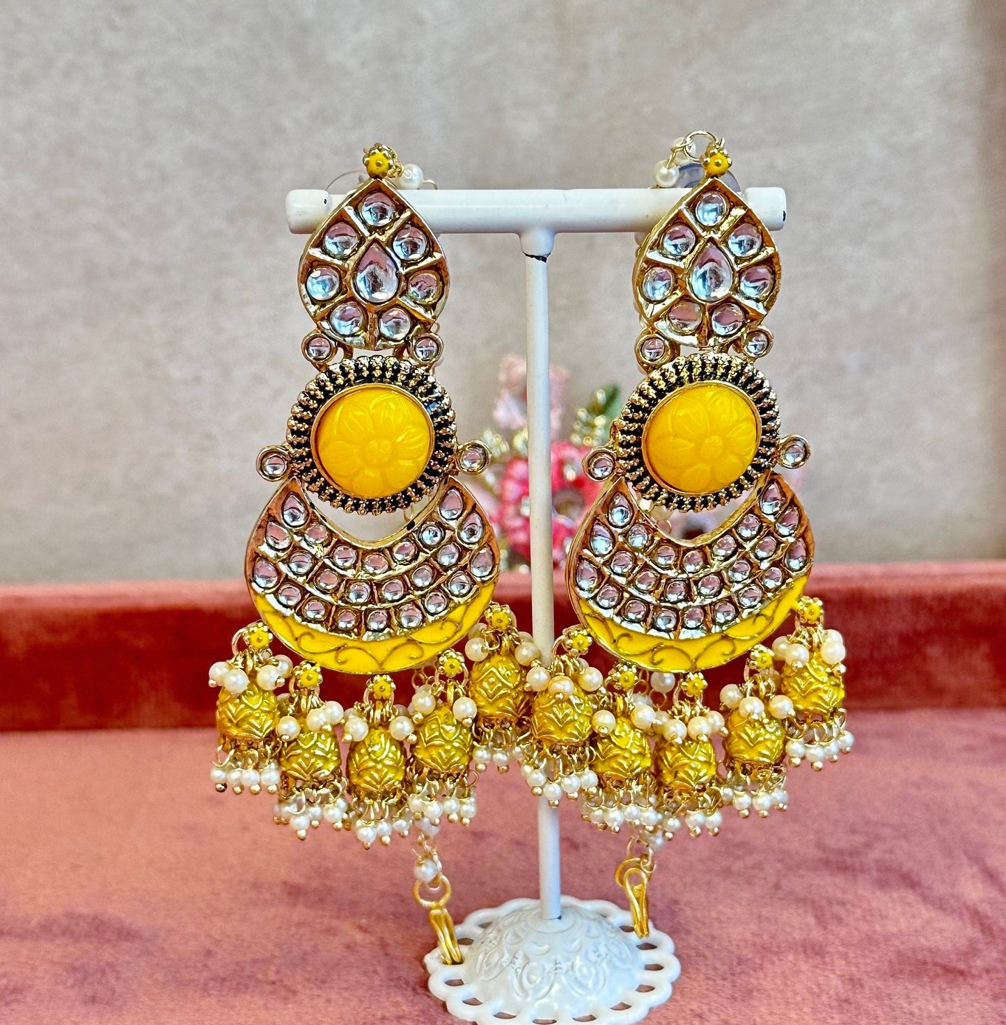 Large Faux Kundan Jhumka Earrings - Yellow/ Indian Style Earring
