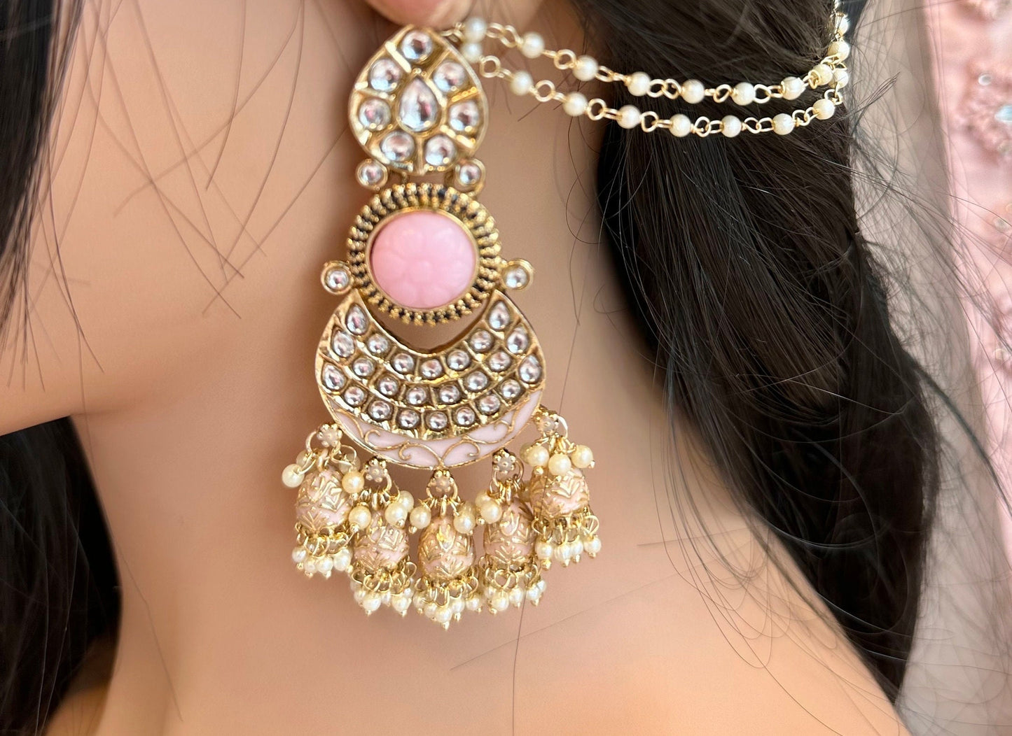 Large Faux Kundan Earrings - Pink Indian Earring/ Unique Design/Pakistani Style/Gift for women