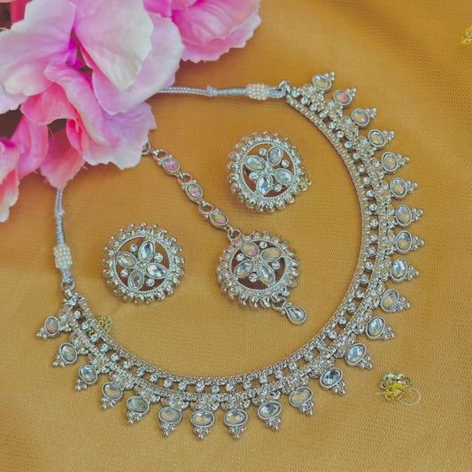 Silver Necklace Set Earring/ Tikka/ Tikli/ Indian/ Pakistani/Fashion Jewellery/ Gift for Women