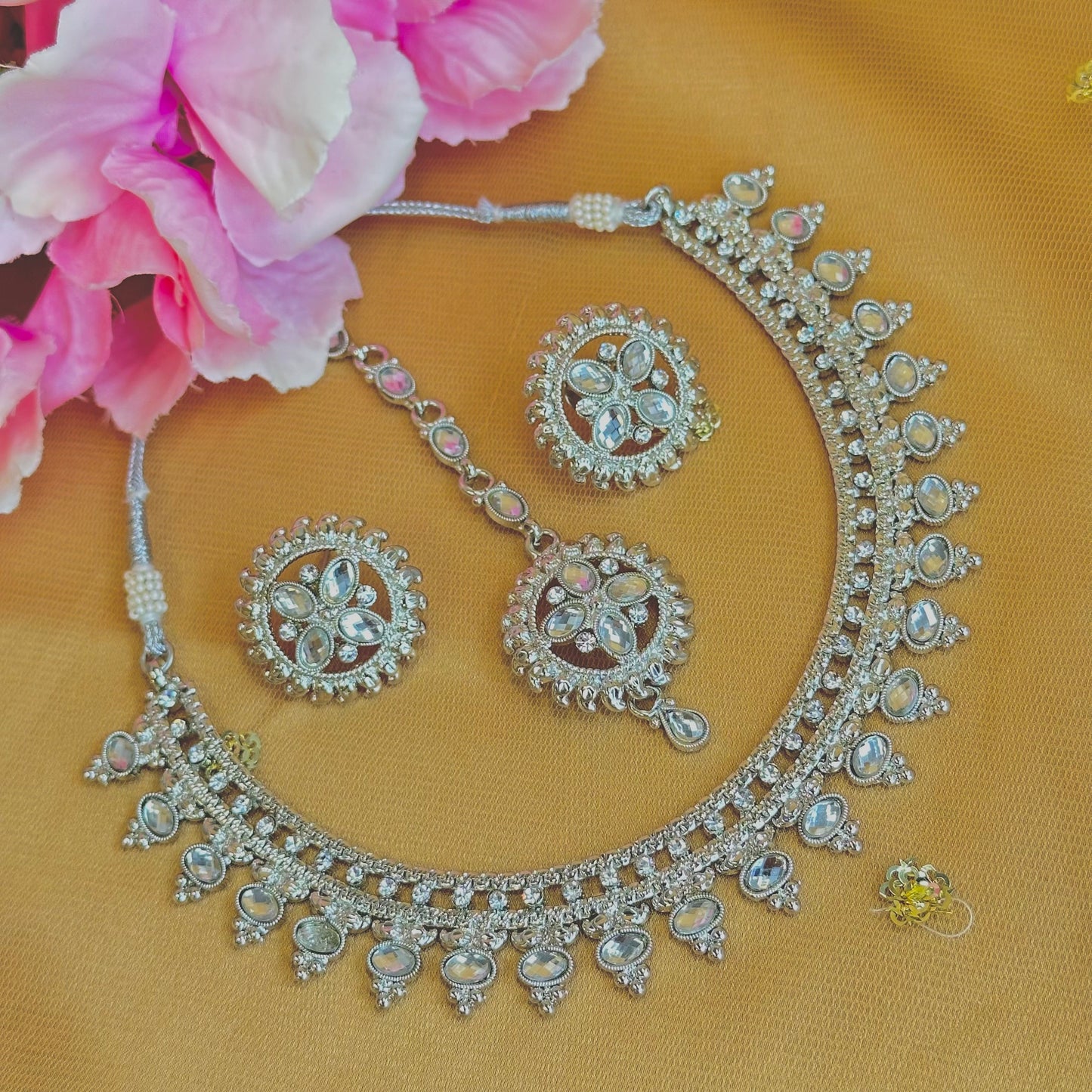 Silver Necklace Set Earring/ Tikka/ Tikli/ Indian/ Pakistani/Fashion Jewellery/ Gift for Women