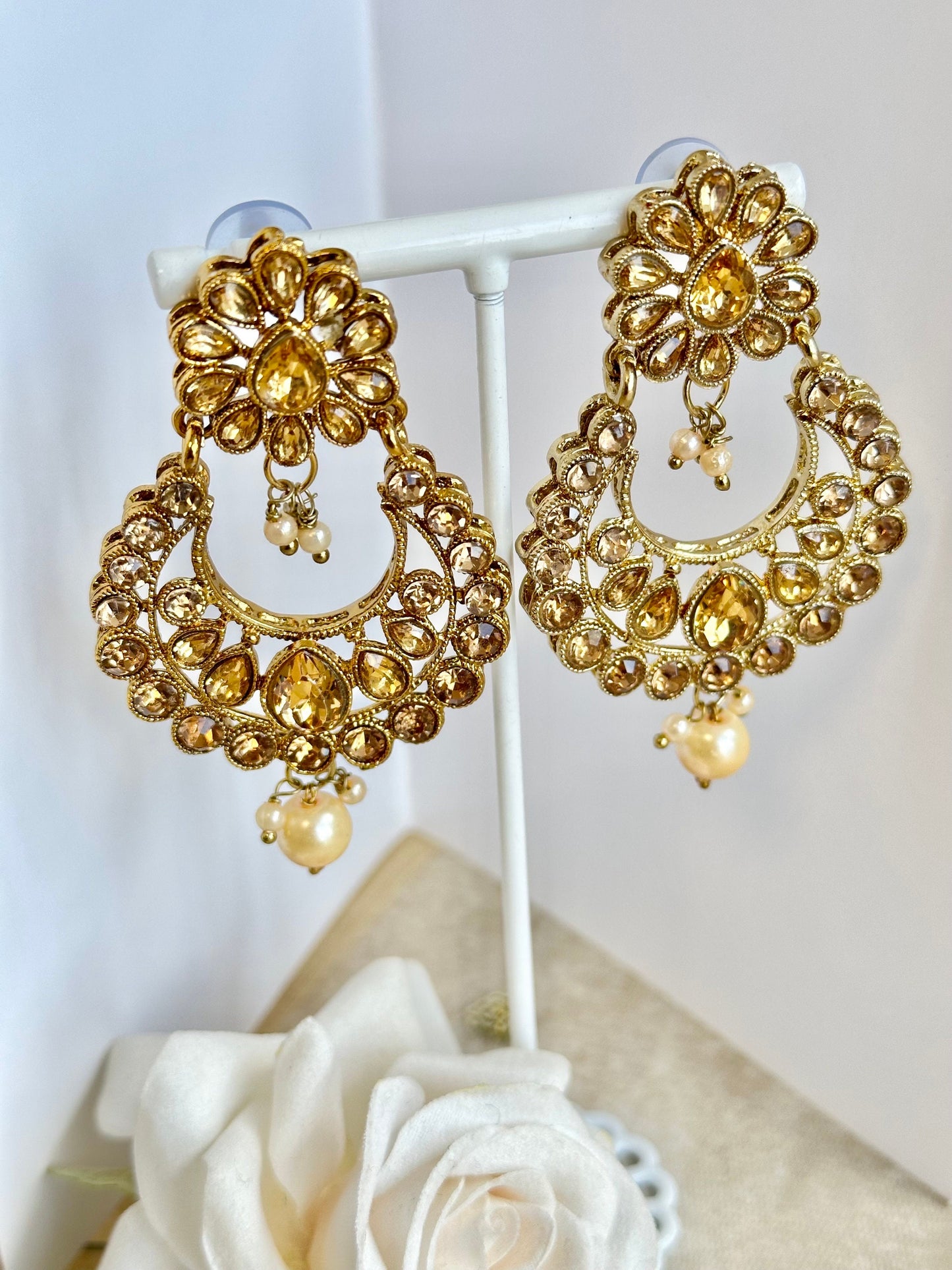Gold Earrings & Tikka Set/ Indian Gold Earrings/ Fashion Jewellery/ Gift for Women/Indian/Pakistani style