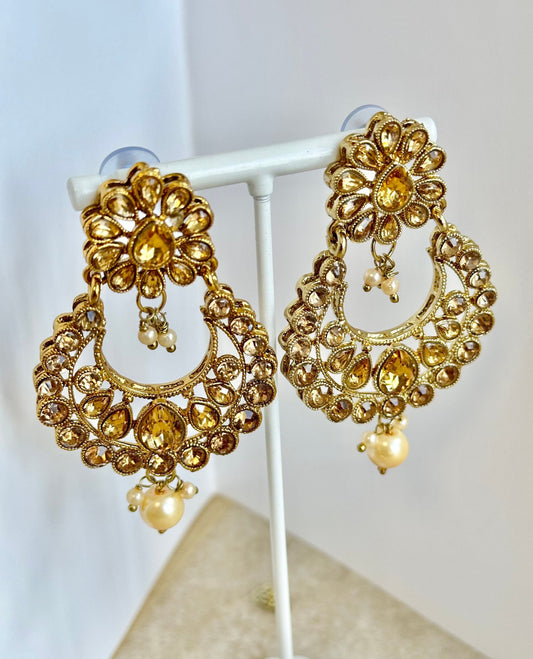 Gold Earrings & Tikka Set/ Indian Gold Earrings/ Fashion Jewellery/ Gift for Women/Indian/Pakistani style