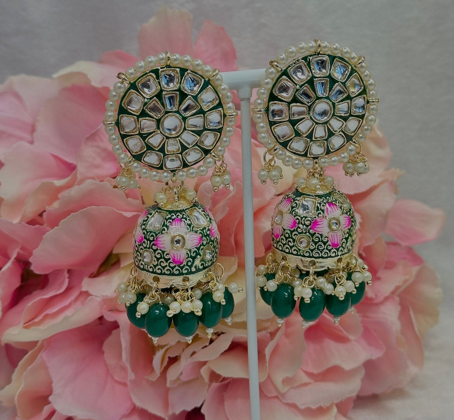 Faux Kundan Jhumka Earrings - Green/ Indian Style Earring