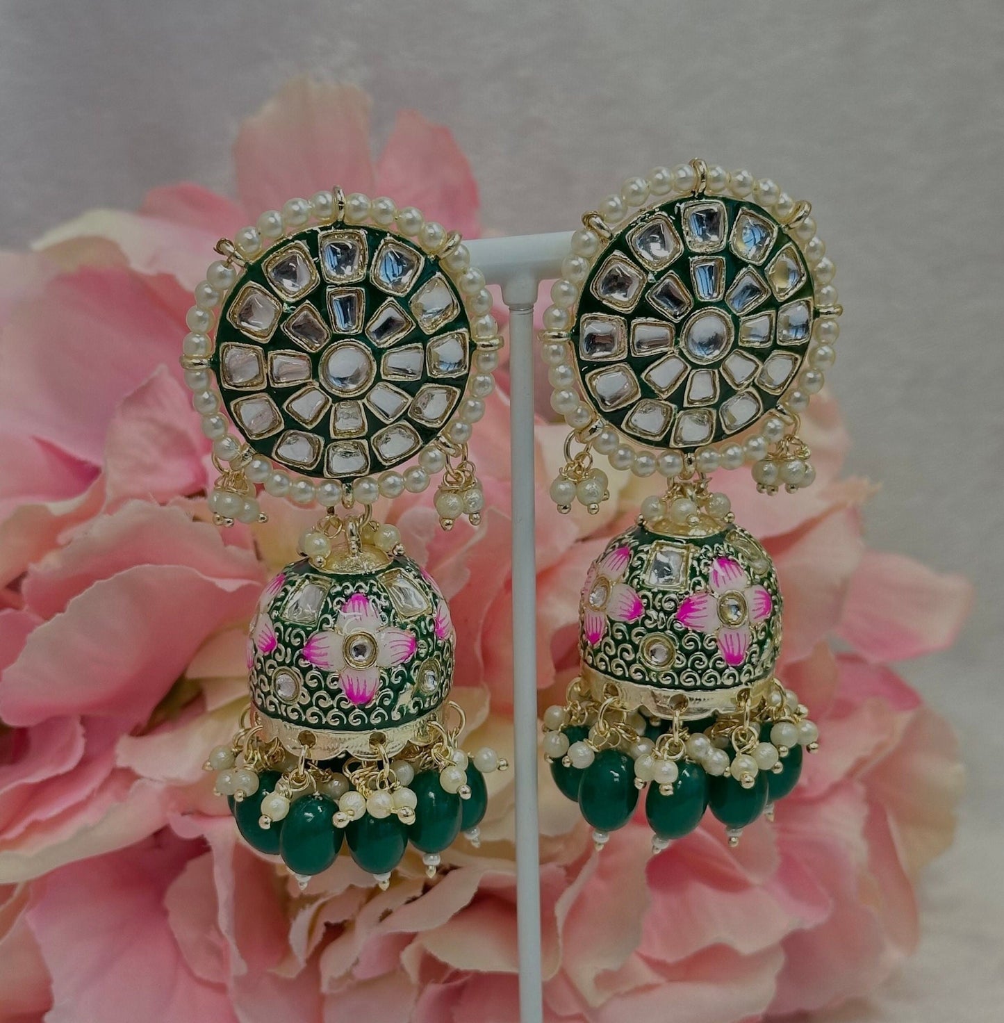 Faux Kundan Jhumka Earrings - Green/ Indian Style Earring