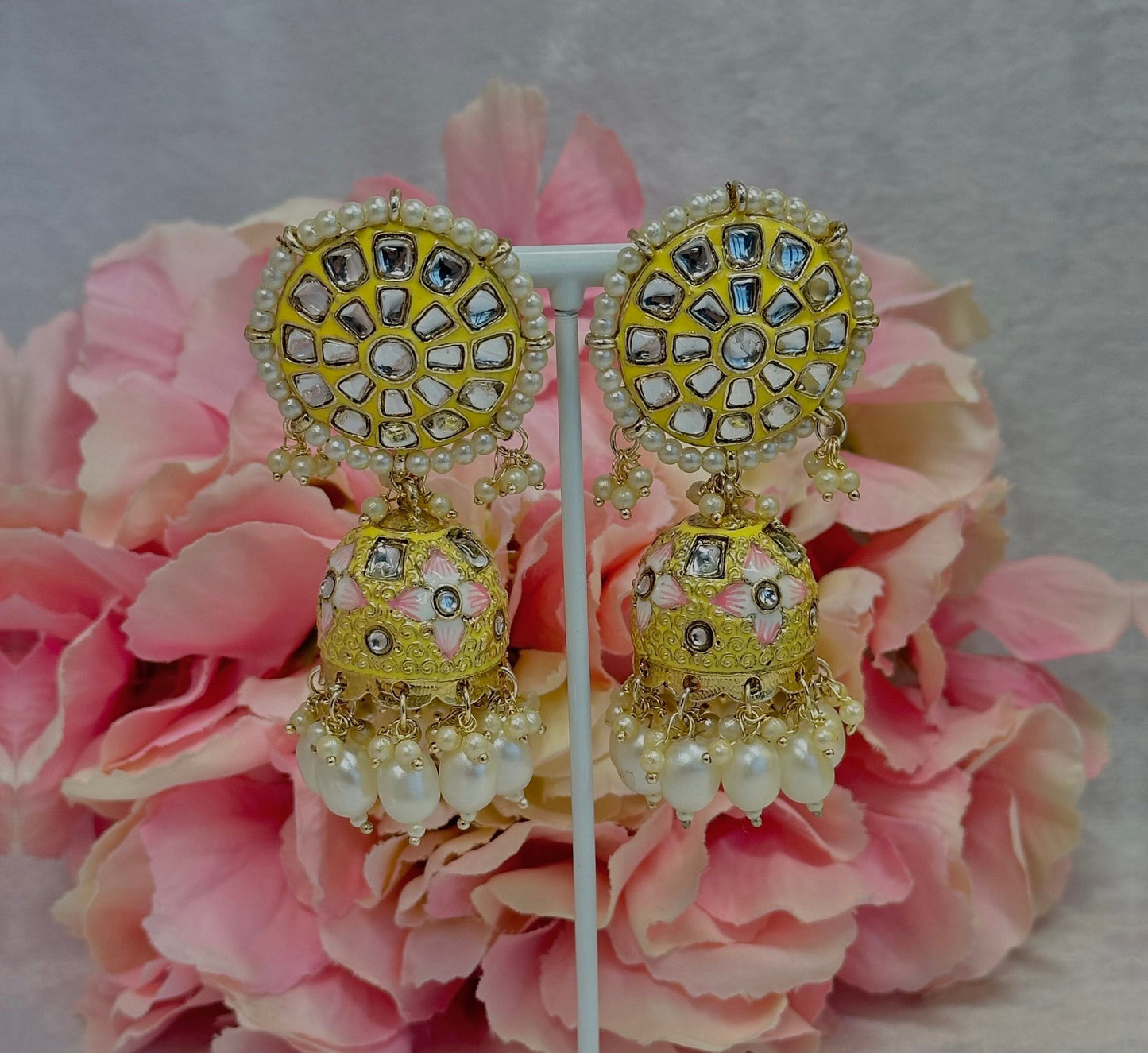 Faux Kundan Jhumka Earrings - Yellow/ Indian Style Earring