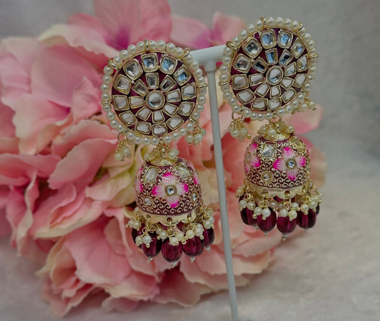 Faux Kundan Jhumka Earrings - Purple/ Indian Style Earring