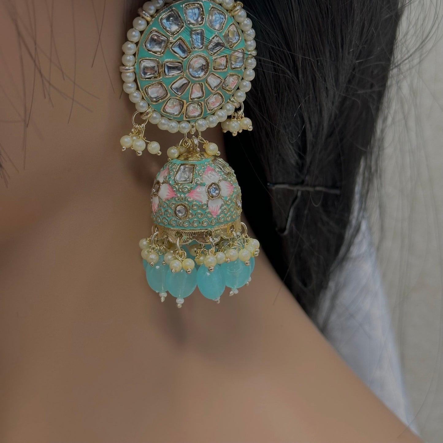 Faux Kundan Jhumka Earrings - Light Blue/ Indian Style Earring