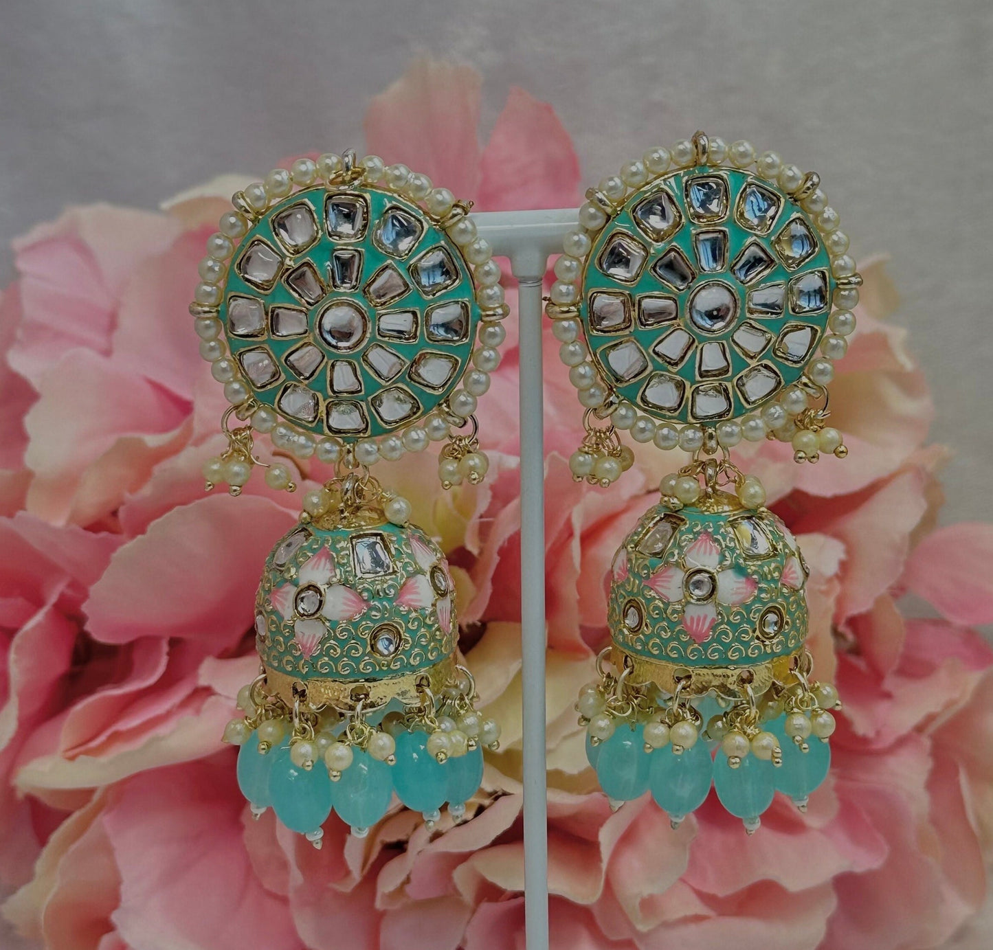 Faux Kundan Jhumka Earrings - Light Blue/ Indian Style Earring