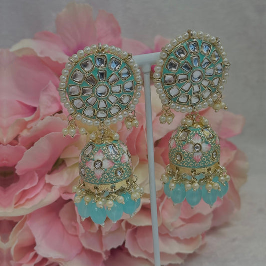 Faux Kundan Jhumka Earrings - Light Blue/ Indian Style Earring
