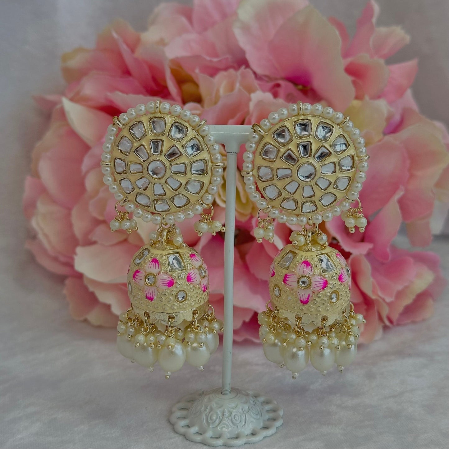 Faux Kundan Jhumka Earrings - Cream/ Indian Style Earring