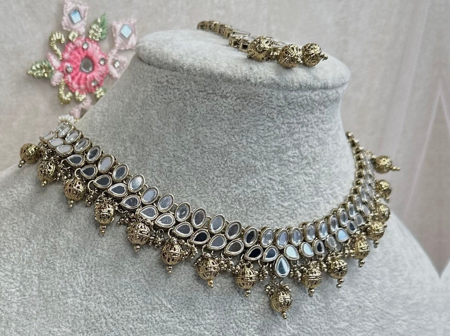 Mirror Necklace Set - Gold Ball Earring/ Tikka/ Tikli/ Indian/ Pakistani/Fashion Jewellery/ Gift for Women