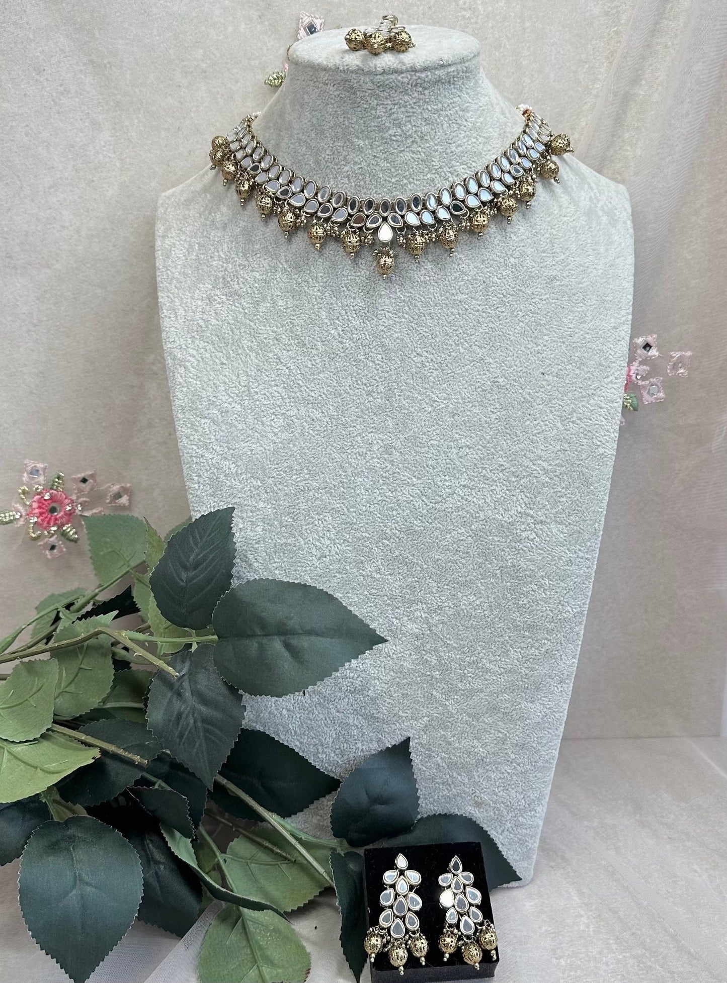 Mirror Necklace Set - Gold Ball Earring/ Tikka/ Tikli/ Indian/ Pakistani/Fashion Jewellery/ Gift for Women