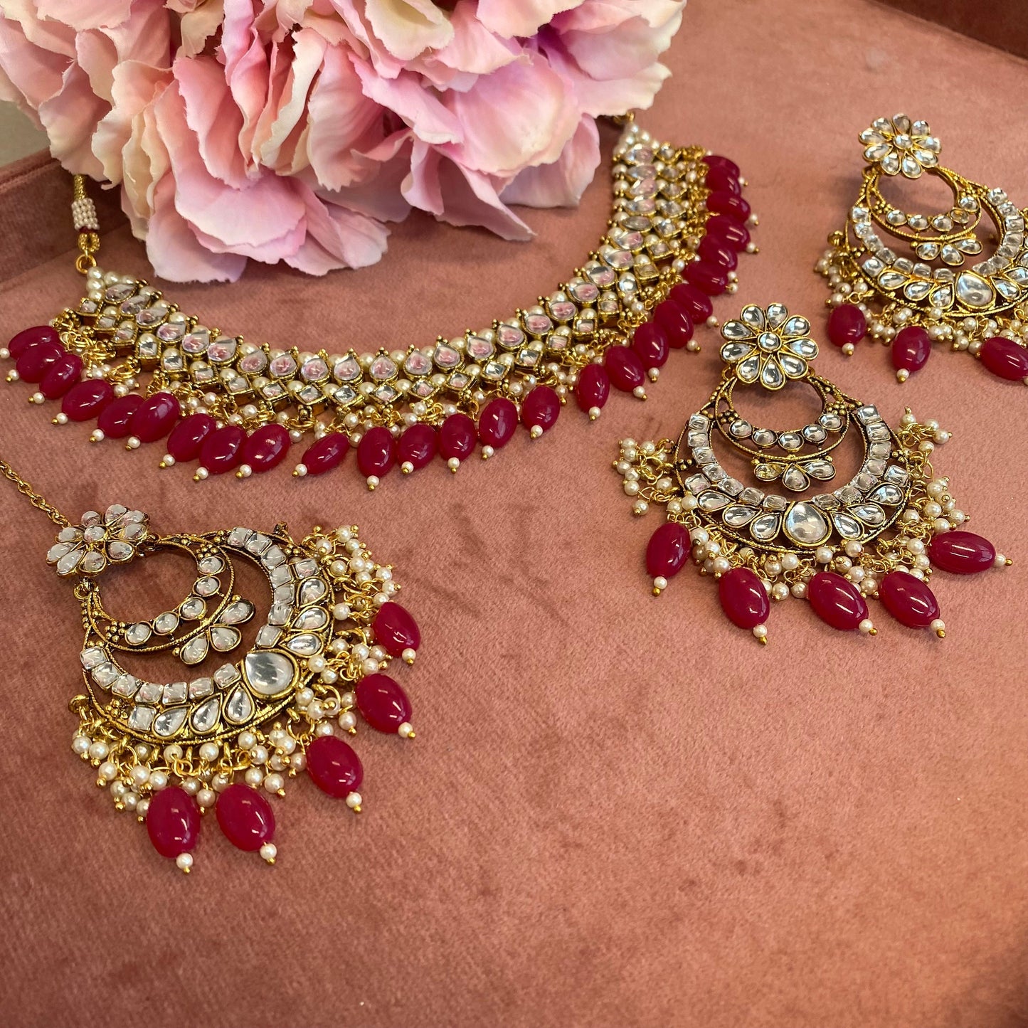 Faux Kundan Necklace set - Ruby/ Indian/ Pakistani Style/ Choker/ Earring/ Tikka/Wedding/Party