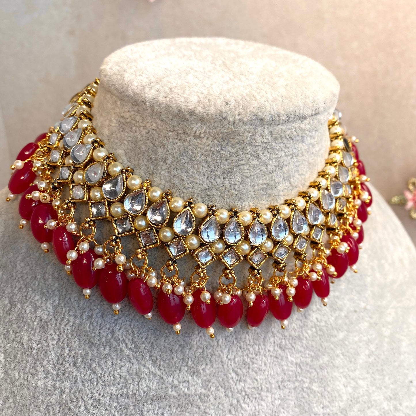 Faux Kundan Necklace set - Ruby/ Indian/ Pakistani Style/ Choker/ Earring/ Tikka/Wedding/Party