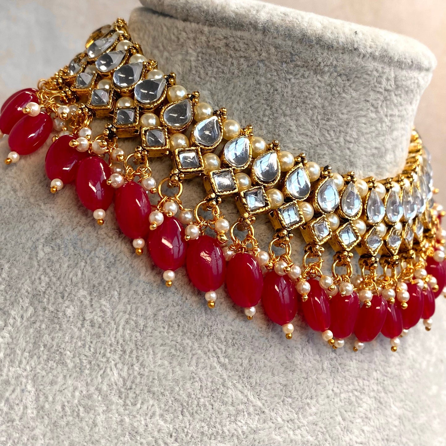 Faux Kundan Necklace set - Ruby/ Indian/ Pakistani Style/ Choker/ Earring/ Tikka/Wedding/Party