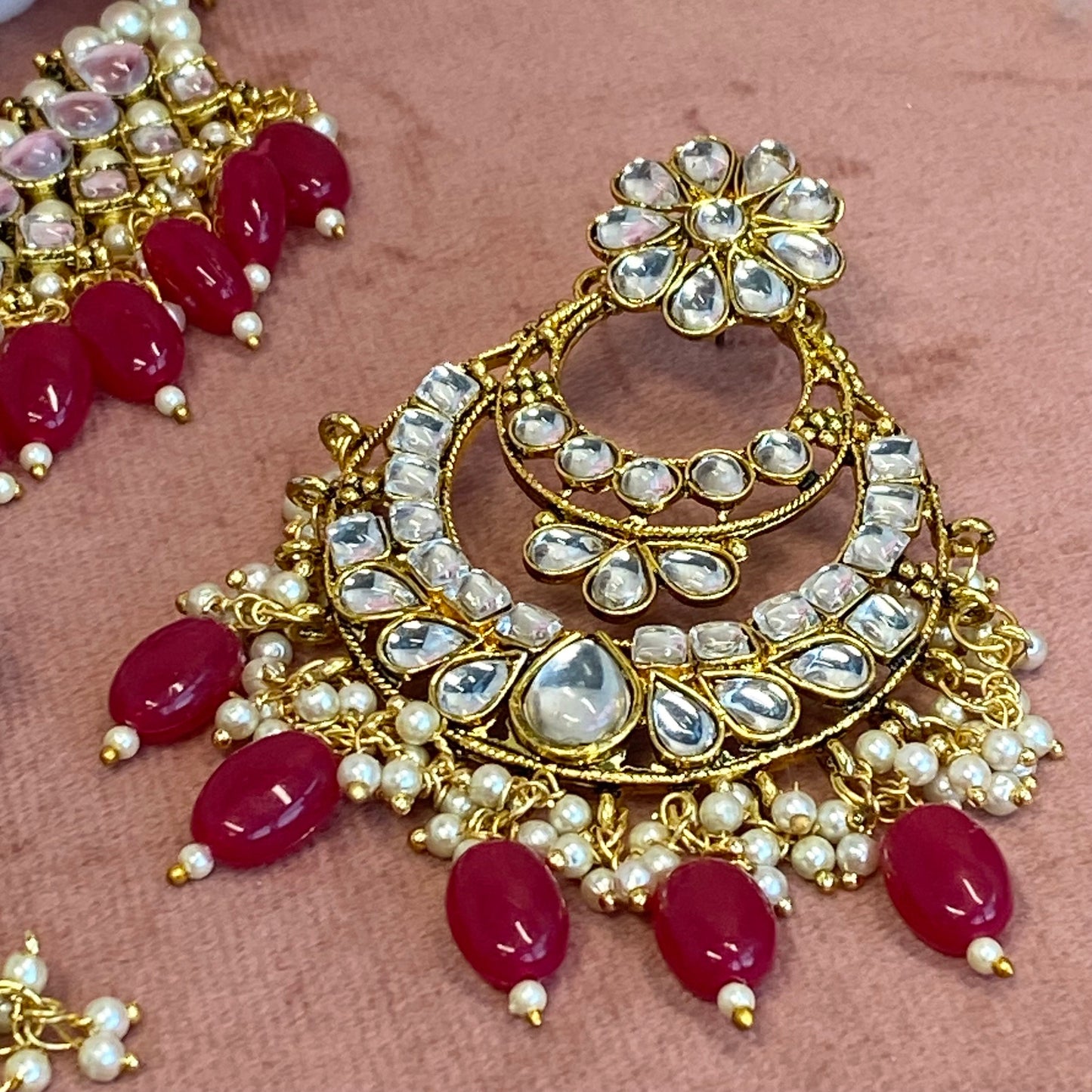 Faux Kundan Necklace set - Ruby/ Indian/ Pakistani Style/ Choker/ Earring/ Tikka/Wedding/Party