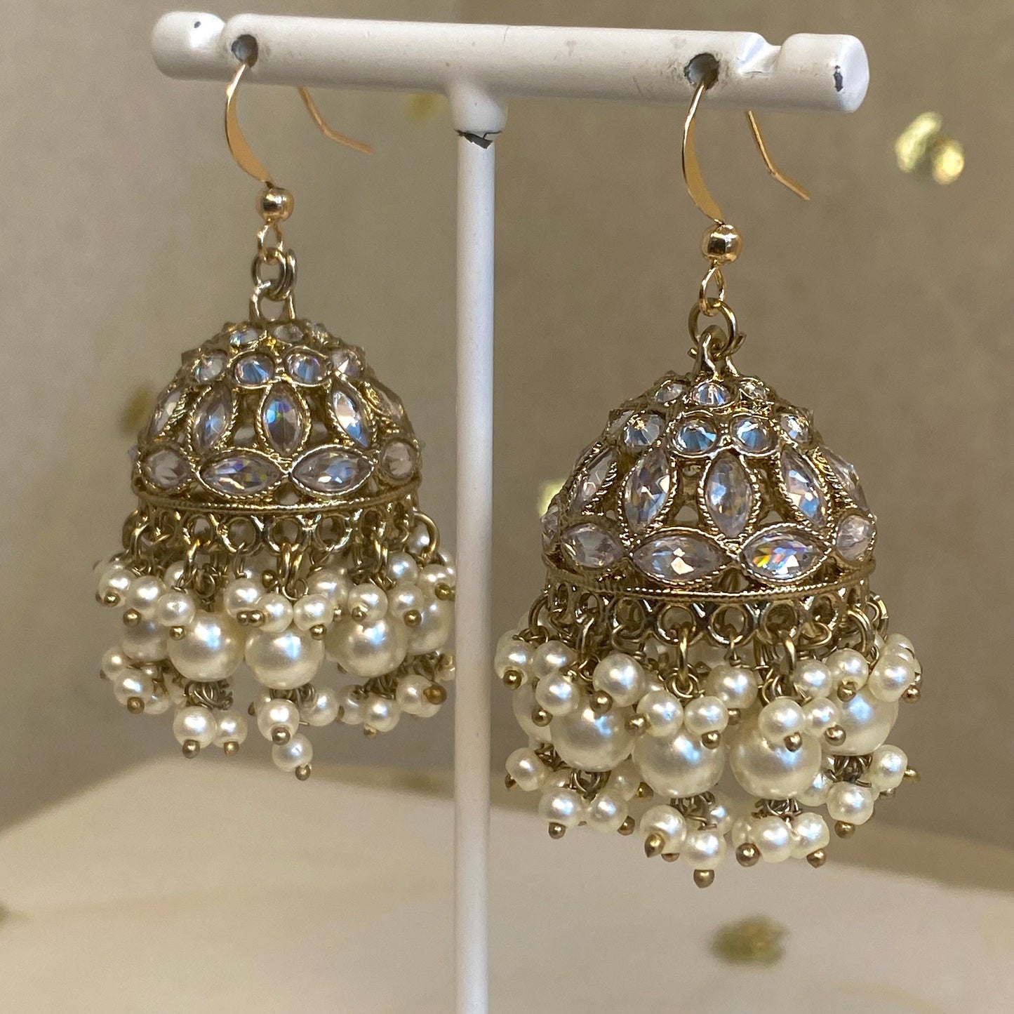 Gold Pierced Jhumki/ Pearl Jhumka Earring/ Off White Pearl