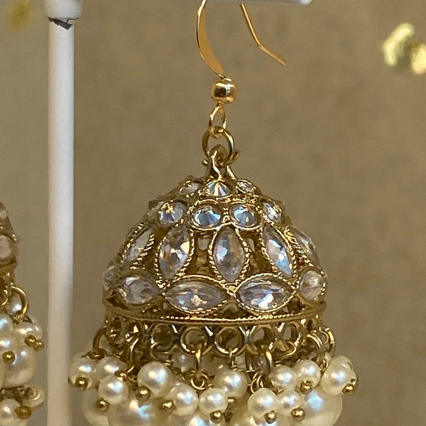 Gold Pierced Jhumki/ Pearl Jhumka Earring/ Off White Pearl