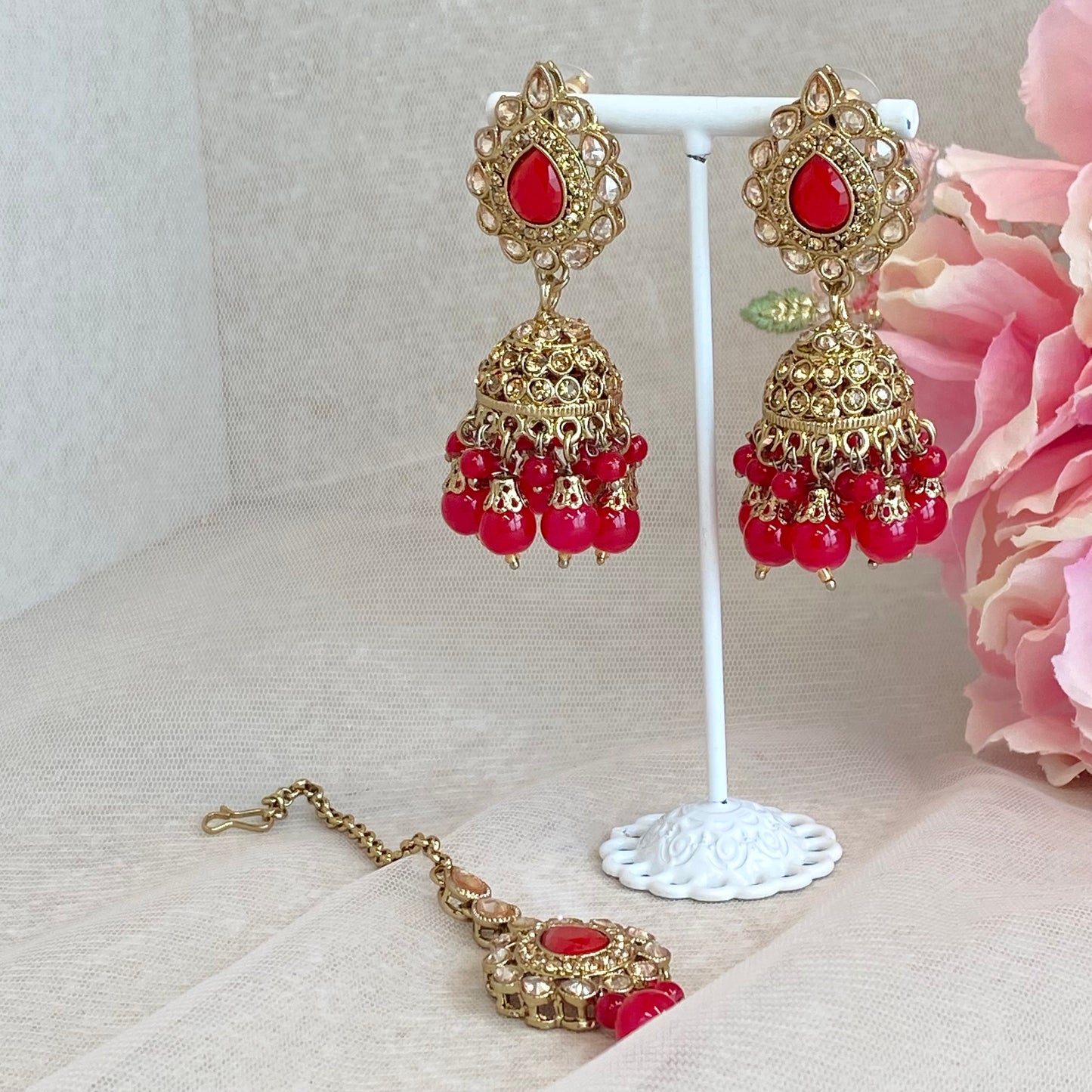 Red Jhumka and Tikka set/ Earring Indian/ Pakistani Style/ Jhumki/ Tikli