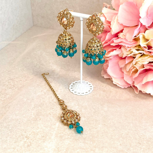 Teal Jhumka and Tikka set Indian Style Earring/ Pakistani Fashion/ Fashion Jewellery/ Gift for Women