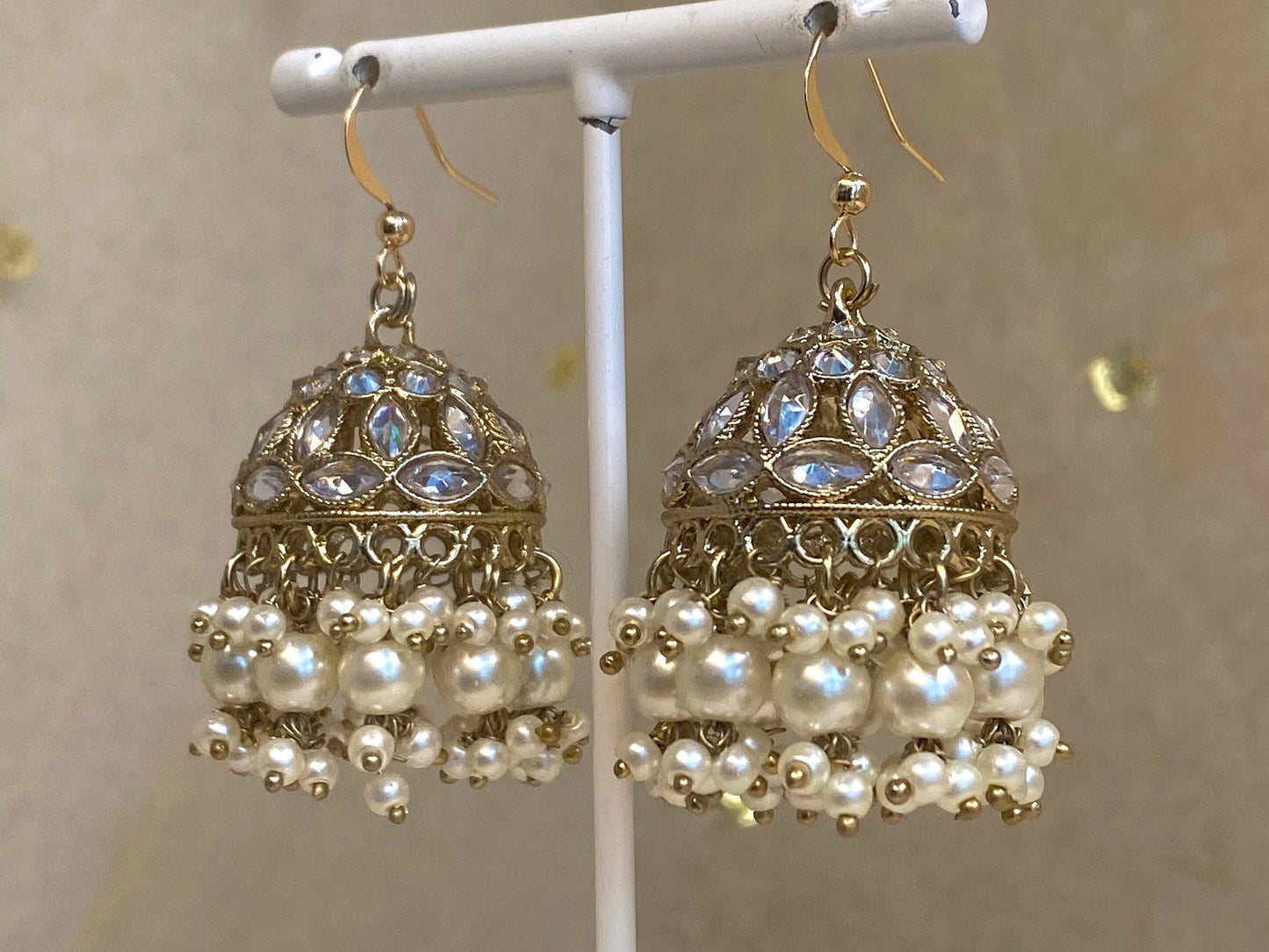 Gold Pierced Jhumki/ Pearl Jhumka Earring/ Off White Pearl