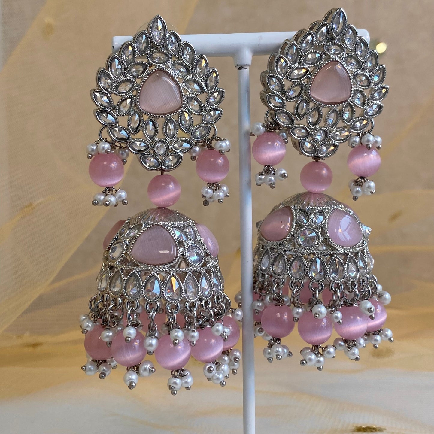 Silver Jhumka Earrings - Pink