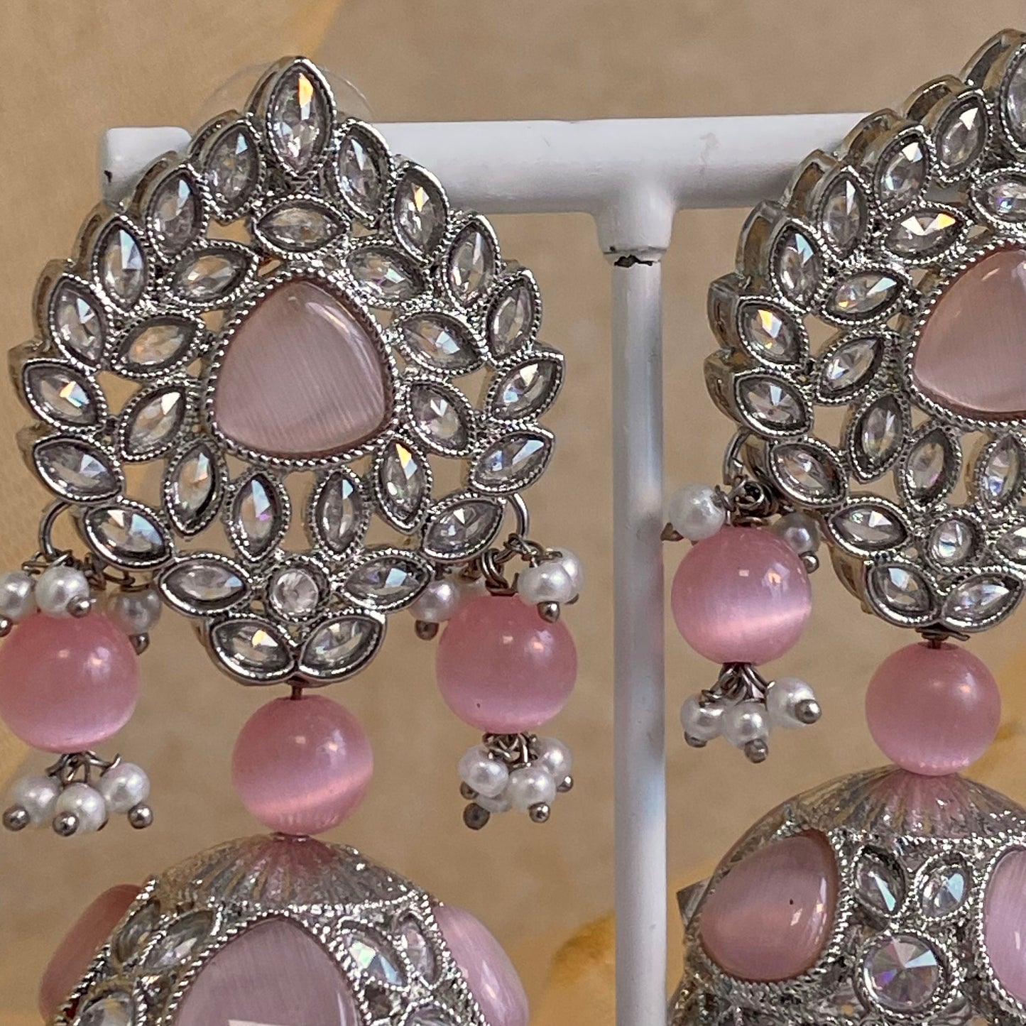 Silver Jhumka Earrings - Pink