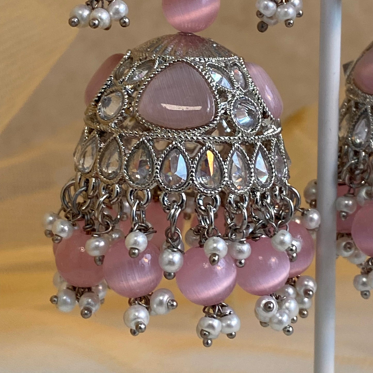 Silver Jhumka Earrings - Pink