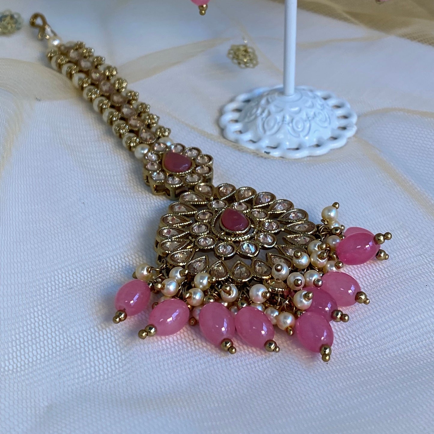Large Earring and Tikka Set- Pink/ Earring Indian/ Pakistani Style/ Jhumki/ Tikli