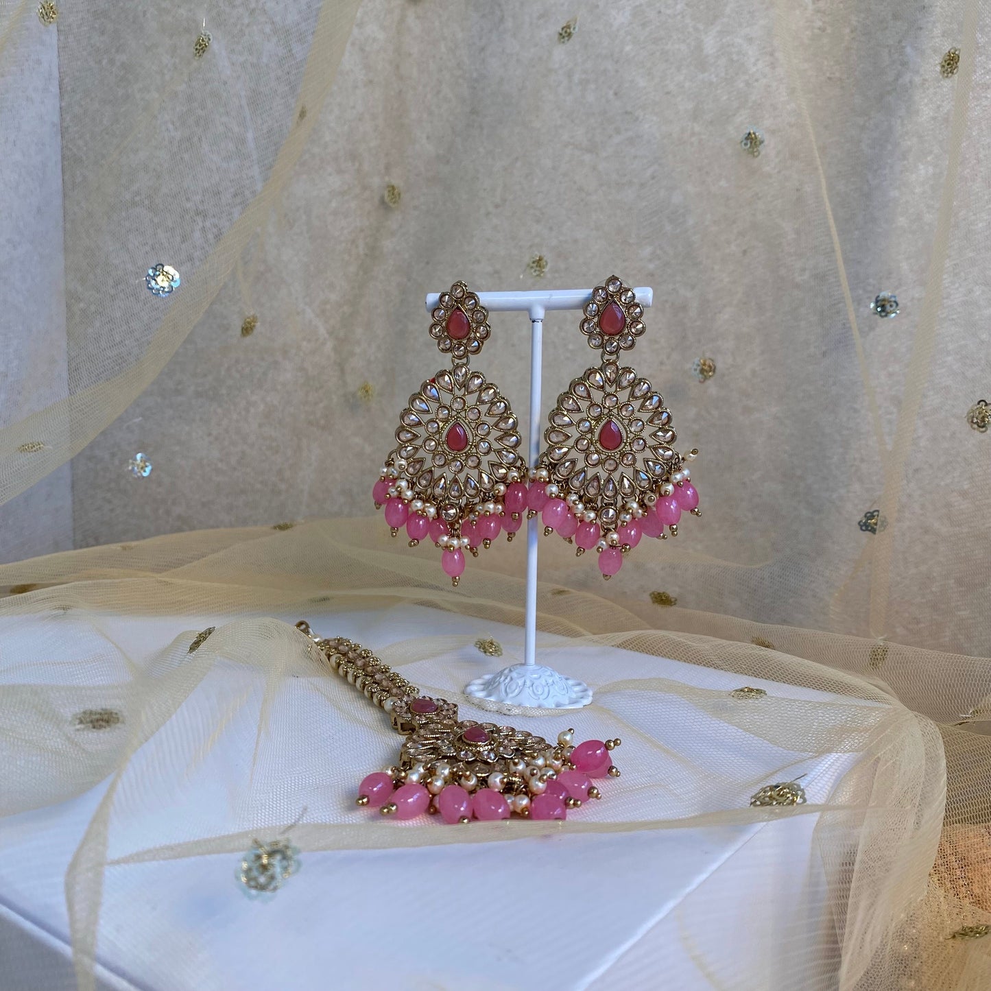 Large Earring and Tikka Set- Pink/ Earring Indian/ Pakistani Style/ Jhumki/ Tikli