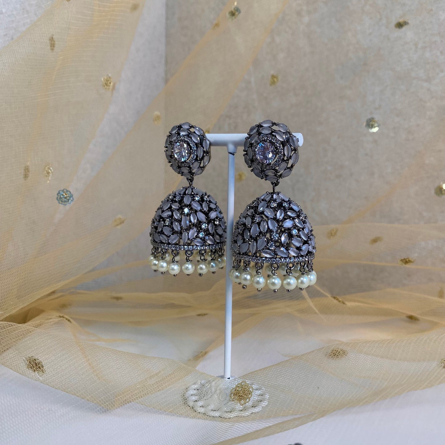 Grey Diamante Medium Jhumka Earrings/ Fashion Jewellery/ Gift for Women/Indian/Pakistani style