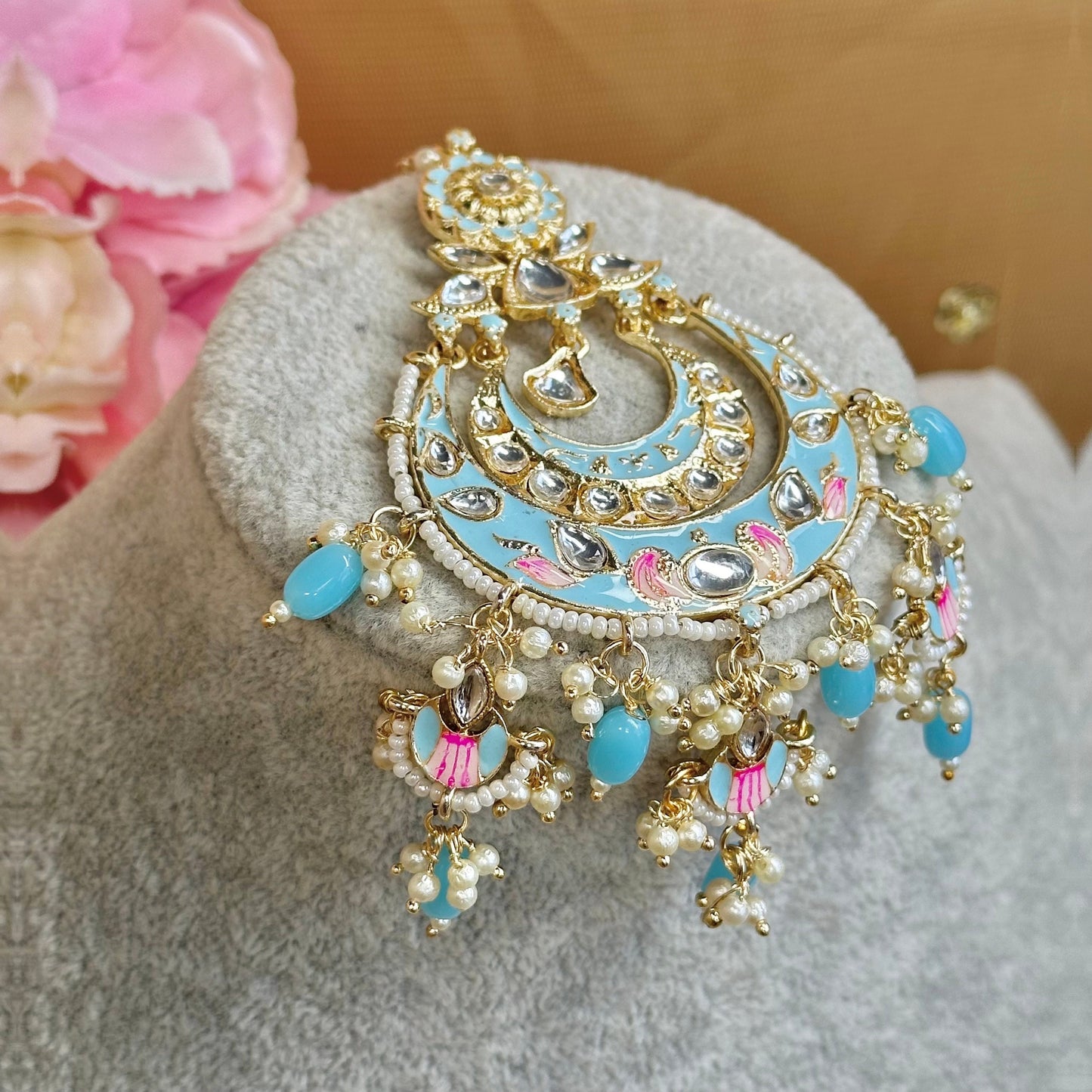 Meenakari/Faux Kudan Large Tikka - Sky Blue/Light Blue / Tikli/ Indian/ Pakistani Fashion Jewellery/Maang Tikkas