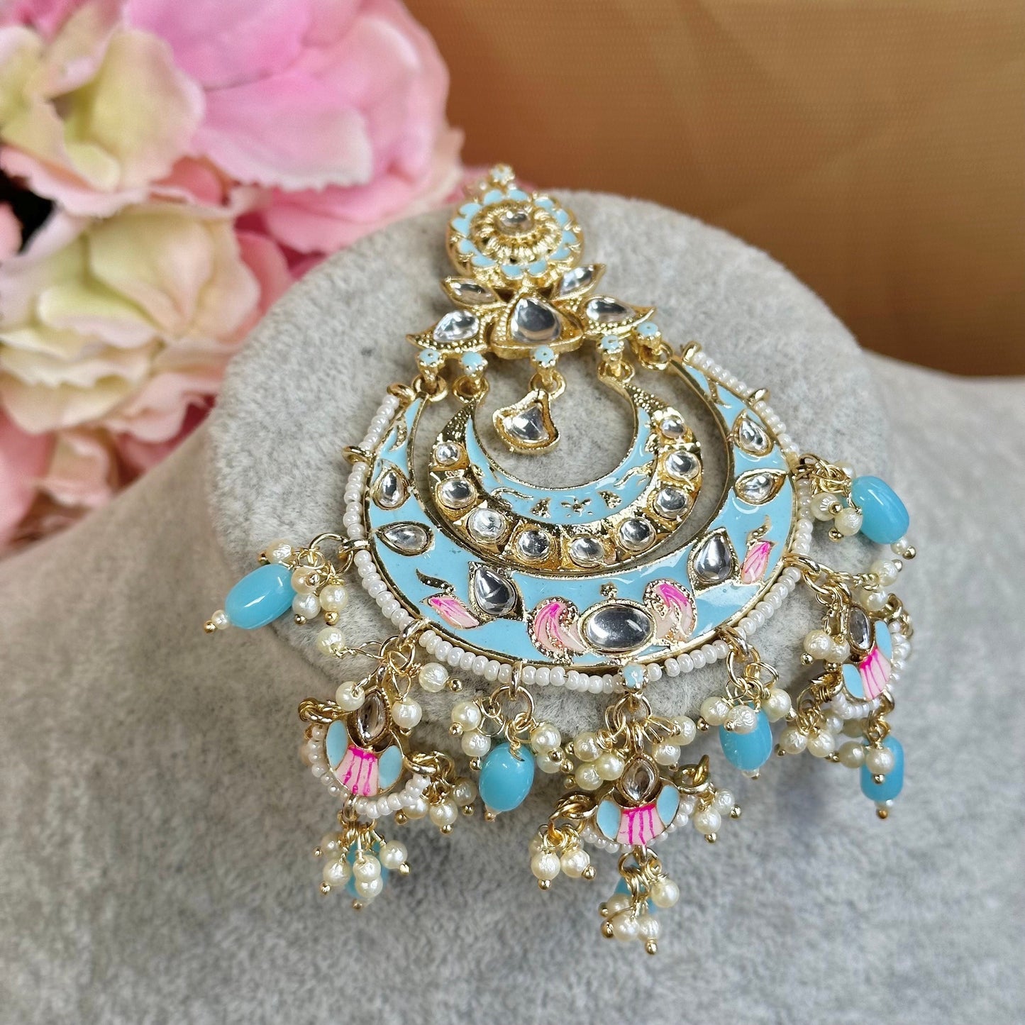 Meenakari/Faux Kudan Large Tikka - Sky Blue/Light Blue / Tikli/ Indian/ Pakistani Fashion Jewellery/Maang Tikkas