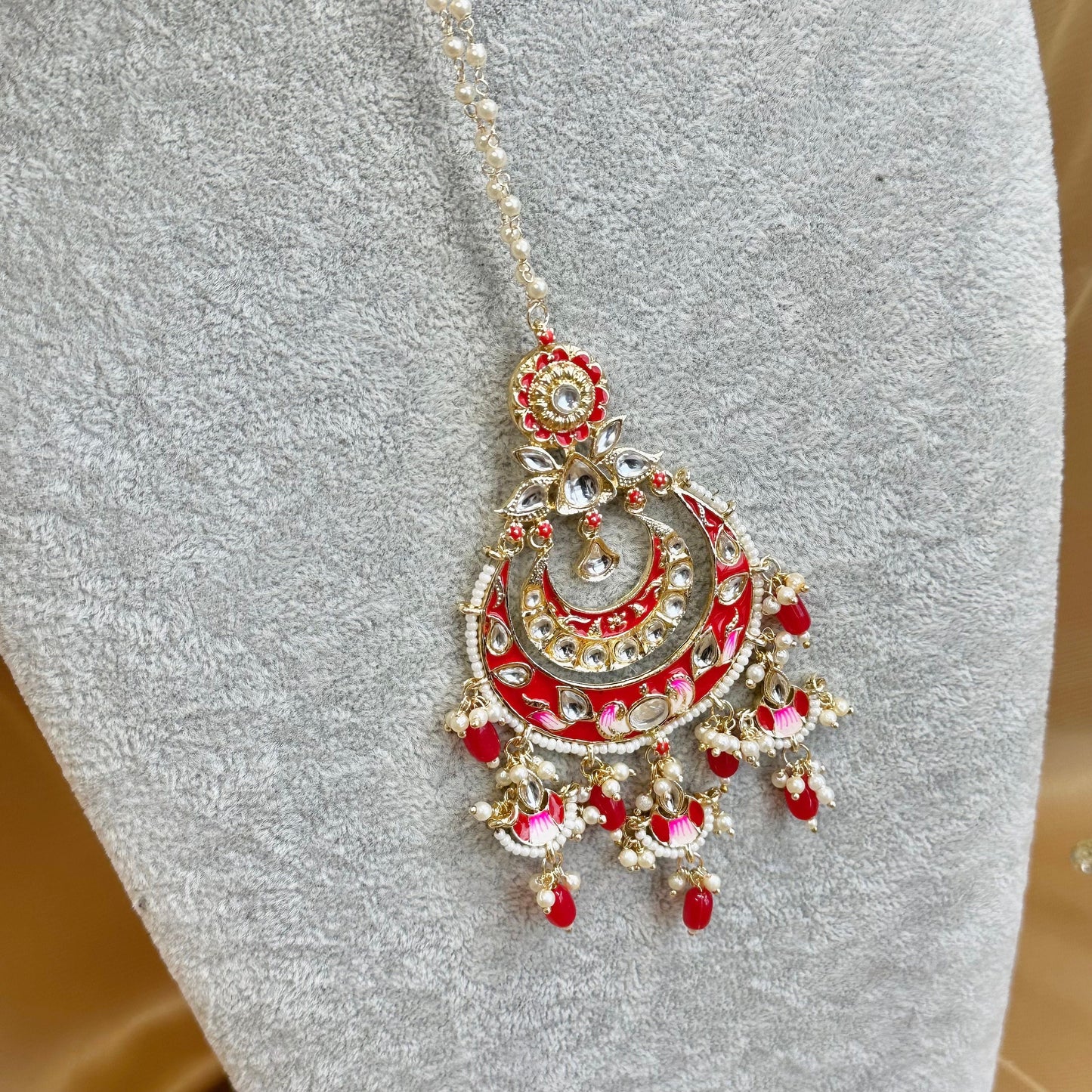 Meenakari/Faux Kudan Large Tikka - Red/ Tikli/ Indian/ Pakistani Fashion Jewellery/ Maang Tikkas