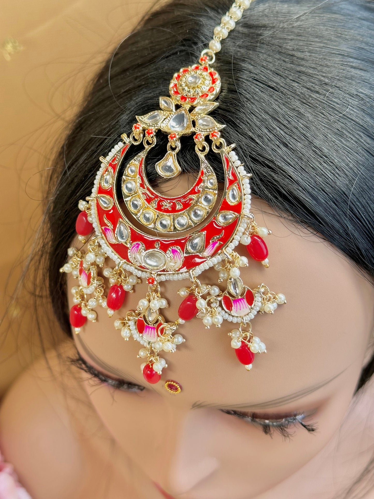 Meenakari/Faux Kudan Large Tikka - Red/ Tikli/ Indian/ Pakistani Fashion Jewellery/ Maang Tikkas