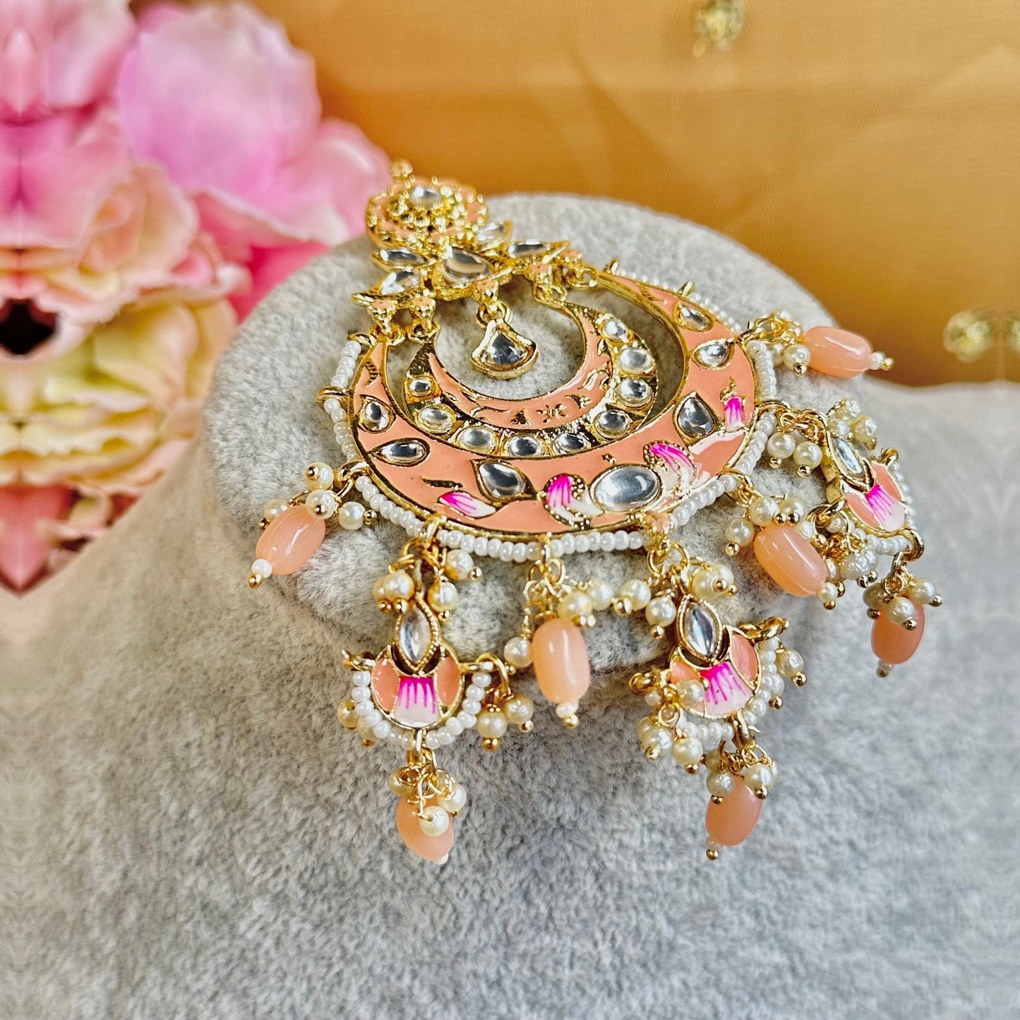 Meenakari/Faux Kudan Large Tikka - Peach/ Tikli/ Indian/ Pakistani Fashion Jewellery/Maang Tikkas