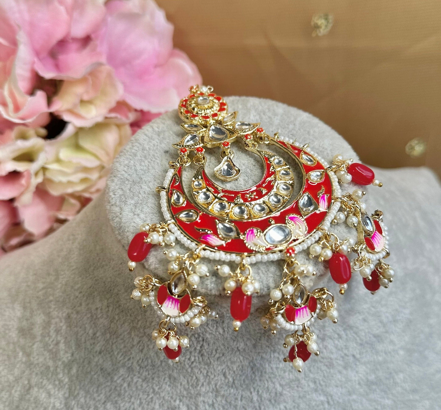 Meenakari/Faux Kudan Large Tikka - Red/ Tikli/ Indian/ Pakistani Fashion Jewellery/ Maang Tikkas