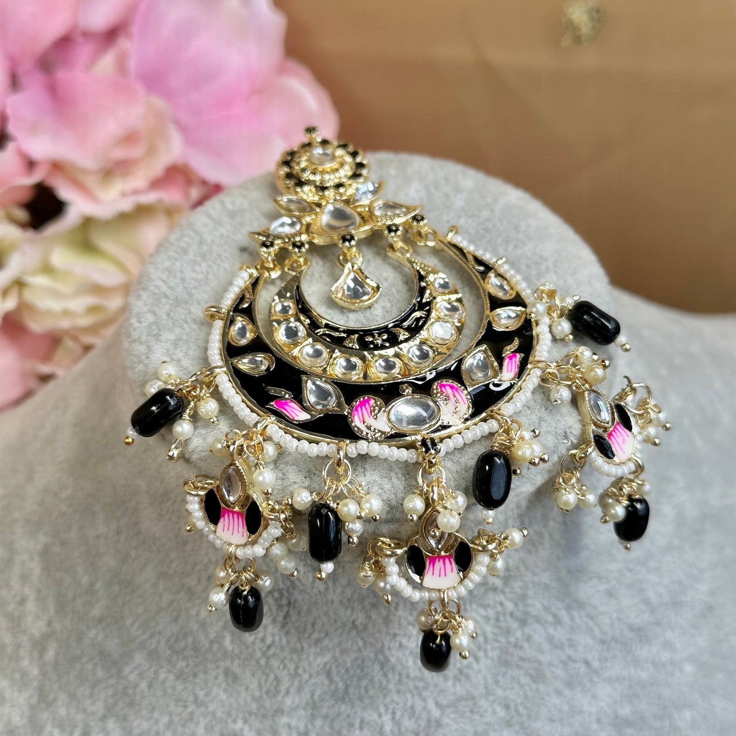 Meenakari/Faux Kudan Large Tikka - Black/ Tikli/ Indian/ Pakistani Fashion Jewellery/ Maang Tikkas