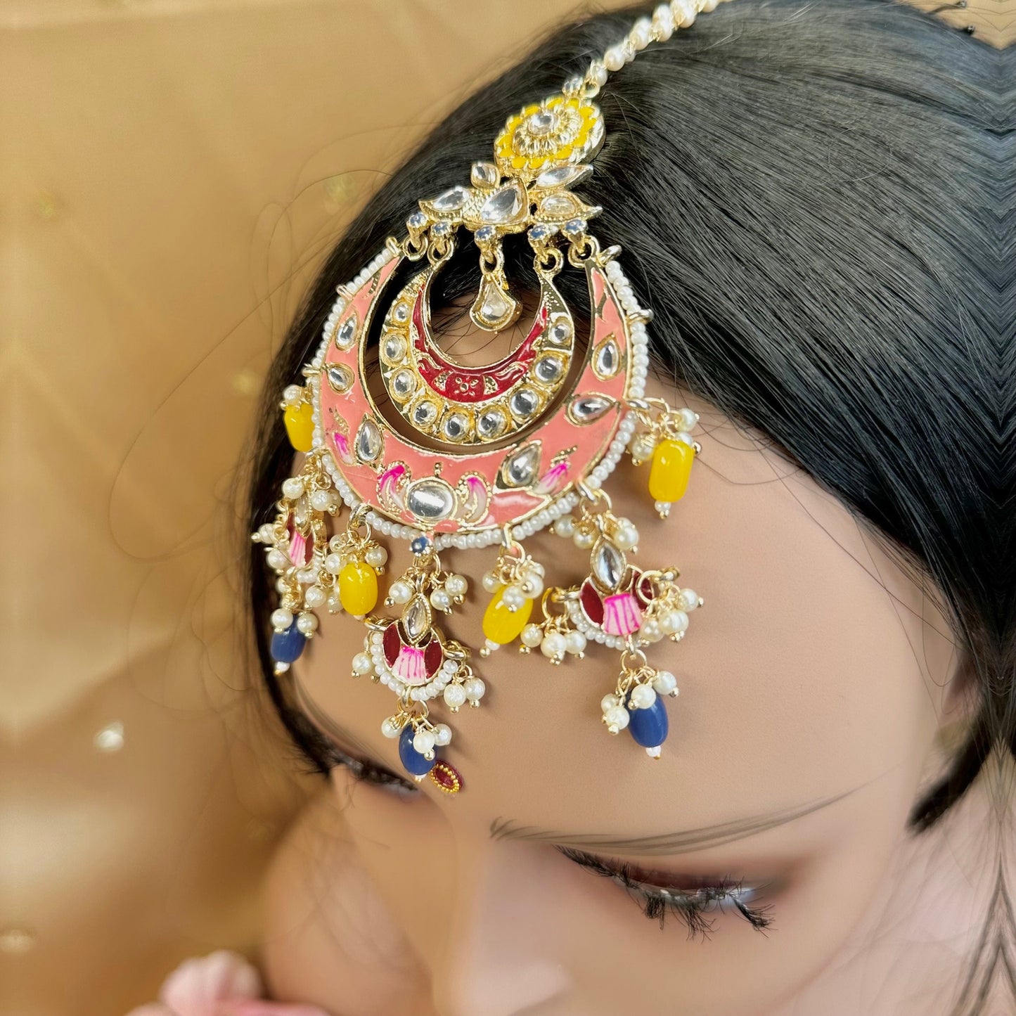 Meenakari/Faux Kudan Large Tikka - Mustard/ Tikli/ Indian/ Pakistani Fashion Jewellery/Maang Tikkas/Haldi/ Mendhi/ Maang Tikka