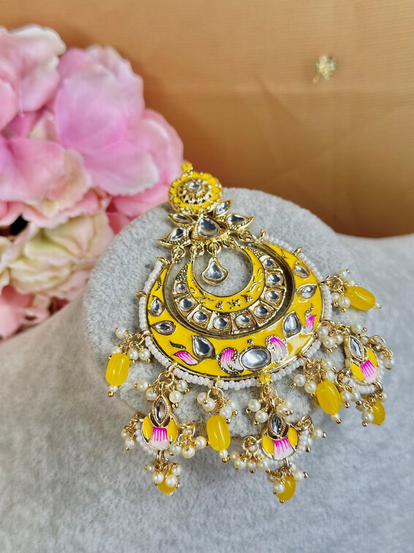 Meenakari/Faux Kudan Large Tikka - Mustard/ Tikli/ Indian/ Pakistani Fashion Jewellery/Maang Tikkas/Haldi/ Mendhi/ Maang Tikka