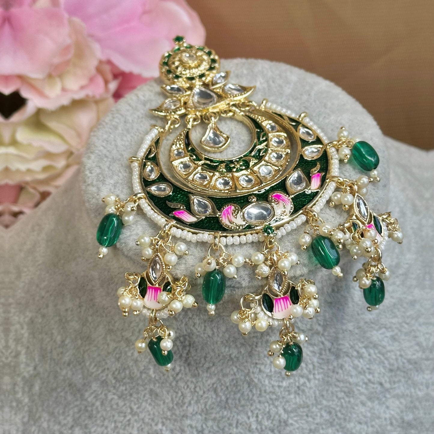 Meenakari/Faux Kudan Large Tikka - Green/ Tikli/ Indian/ Pakistani Fashion Jewellery/Maang Tikkas