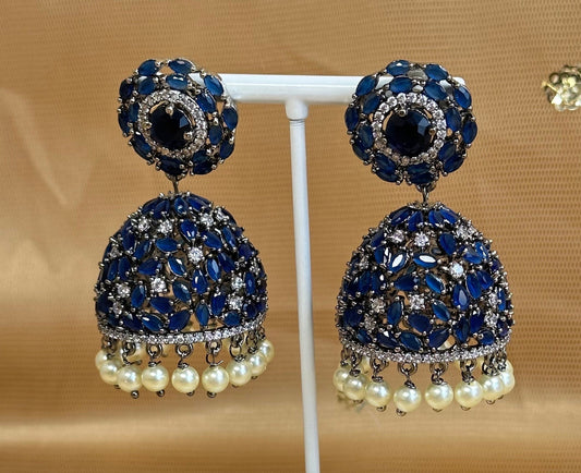 Navy Medium Diamante Jhumka Earrings